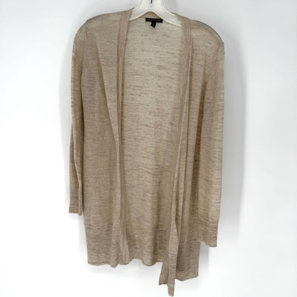 Eileen Fisher linen blend minimalist normcore Light Tan Open-Front Cardigan